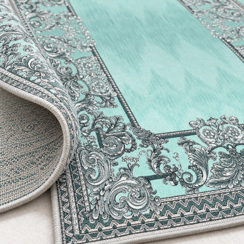 Ornate Geometric Modern Runner Rug – Turquoise – texture close-up