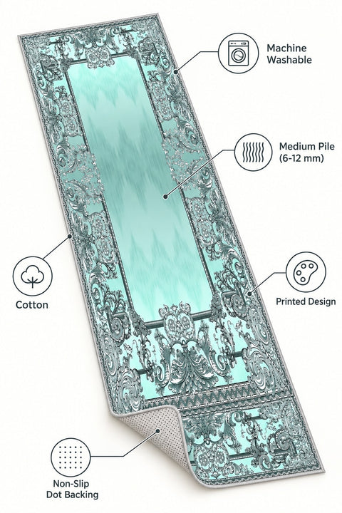 Ornate Geometric Modern Runner Rug – Turquoise – features