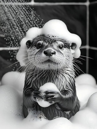 Otter Bath Modern Wall Art – Cute Black and White Bubble Shower Print