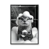 Otter Bath Modern Wall Art – Cute Black and White Bubble Shower Print