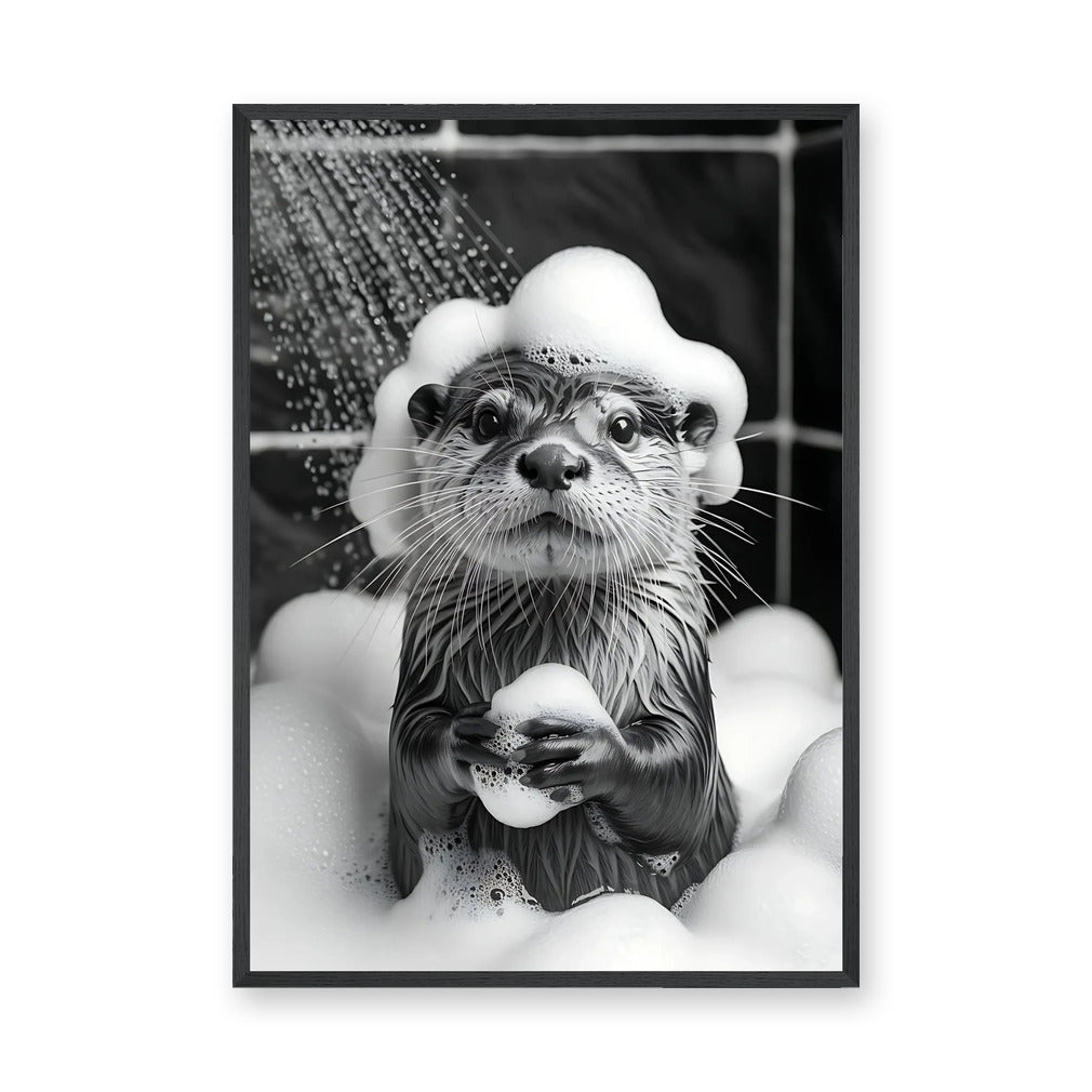 Otter Bath Modern Wall Art – Cute Black and White Bubble Shower Print