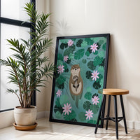 Otter Family Illustration Wall Décor Poster – Aesthetic Mother and Baby Otter Print