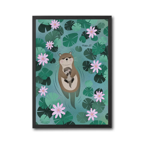 Otter Family Illustration Wall Décor Poster – Aesthetic Mother and Baby Otter Print