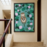 Otter Lily Pond Kids Wall Art – Mother and Baby Among Flowers