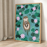 Otter Lily Pond Kids Wall Art – Mother and Baby Among Flowers