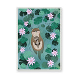 Otter Lily Pond Kids Wall Art – Mother and Baby Among Flowers