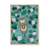 Otter Lily Pond Kids Wall Art – Mother and Baby Among Flowers