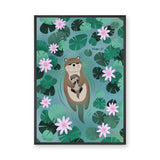 Otter Lily Pond Kids Wall Art – Mother and Baby Among Flowers