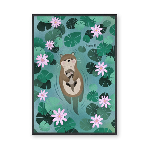 Otter Lily Pond Kids Wall Art – Mother and Baby Among Flowers