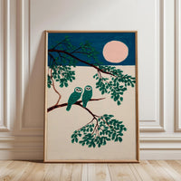 Owl Moon Décor Poster | Japanese Style Bird Art | Minimal Night Nature Print