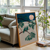 Owl Moon Décor Poster | Japanese Style Bird Art | Minimal Night Nature Print