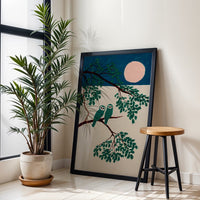 Owl Moon Décor Poster | Japanese Style Bird Art | Minimal Night Nature Print