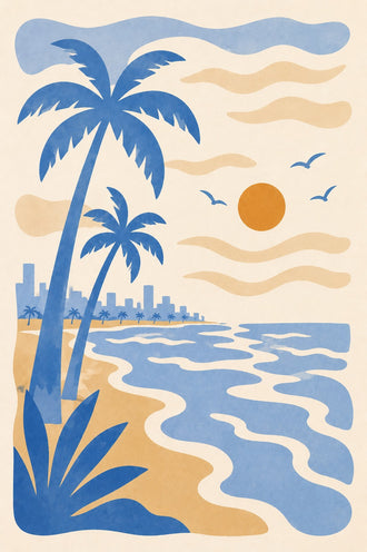 Palm Beach Sunset Coastal Wall Art – Blue Palms and Orange Sun