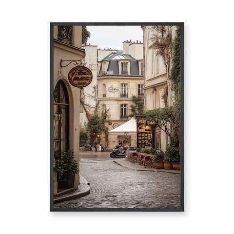 Paris Street Photography Vintage Wall Art – Cobblestone Café Scene