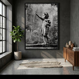 Peace Sign Girl Modern Wall Art – Black and White Teddy Bear Portrait