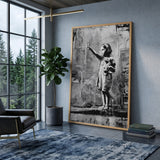 Peace Sign Girl Modern Wall Art – Black and White Teddy Bear Portrait