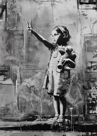 Peace Sign Girl Modern Wall Art – Black and White Teddy Bear Portrait