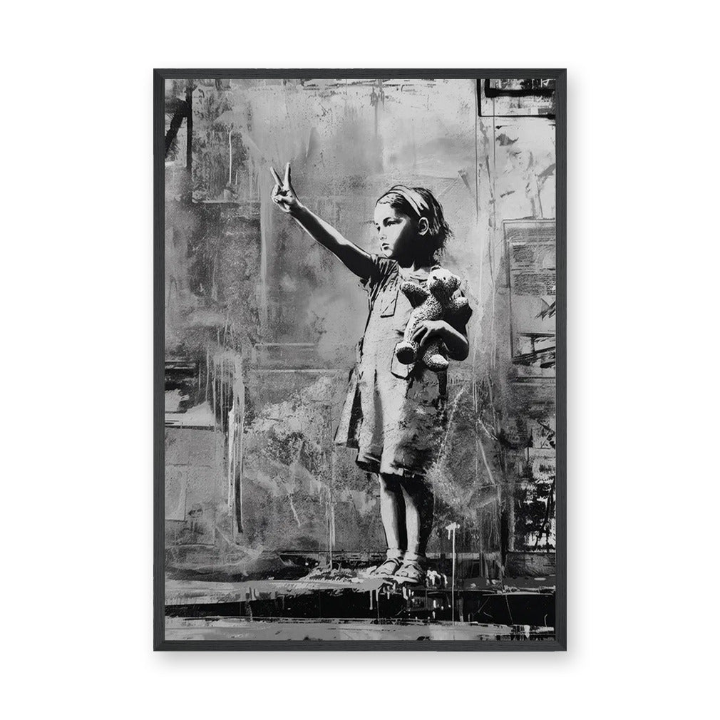 Peace Sign Girl Modern Wall Art – Black and White Teddy Bear Portrait