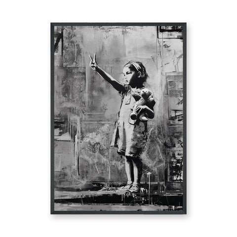 Peace Sign Girl Modern Wall Art – Black and White Teddy Bear Portrait