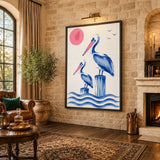 Pelican Coastal Wall Art – Two Blue Birds Above Ocean Waves