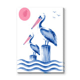Pelican Coastal Wall Art – Two Blue Birds Above Ocean Waves