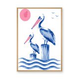 Pelican Coastal Wall Art – Two Blue Birds Above Ocean Waves