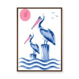 Pelican Coastal Wall Art – Two Blue Birds Above Ocean Waves
