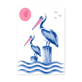 Pelican Coastal Wall Art – Two Blue Birds Above Ocean Waves