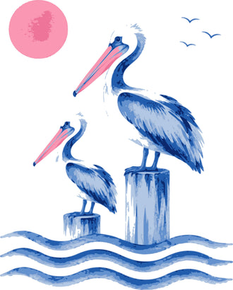 Pelican Coastal Wall Art – Two Blue Birds Above Ocean Waves