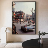 Piccadilly Circus Vintage Wall Art – London Street Photo with Blue Convertible