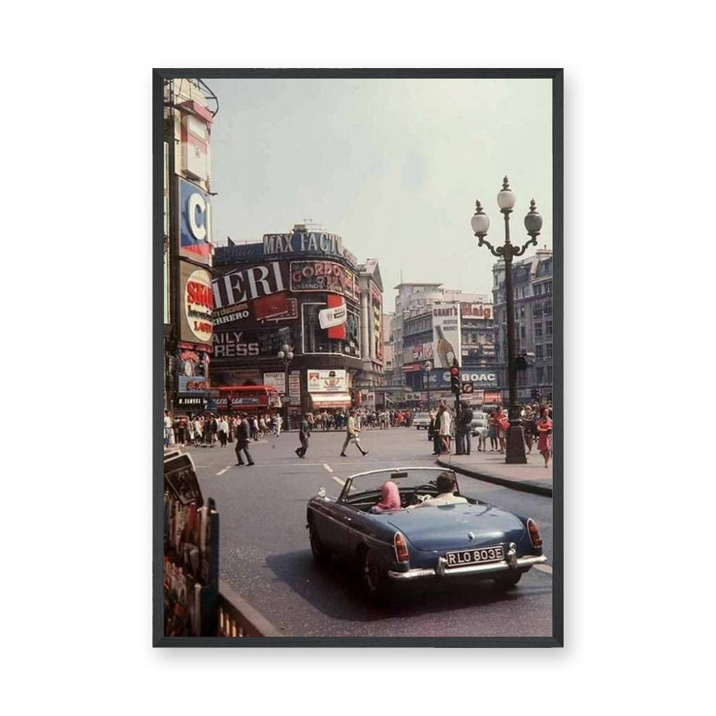 Piccadilly Circus Vintage Wall Art – London Street Photo with Blue Convertible