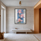 Pink Iris Modern Botanical Wall Art – Blue Japanese Typography Print