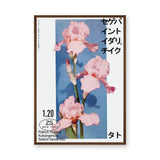 Pink Iris Modern Botanical Wall Art – Blue Japanese Typography Print