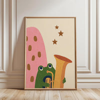 Playful Frog Wall Décor Poster, Whimsical Animal Décor Print with Trombone and Starry Contemporary Kids Room Design