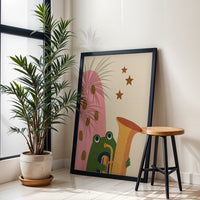 Playful Frog Wall Décor Poster, Whimsical Animal Décor Print with Trombone and Starry Contemporary Kids Room Design