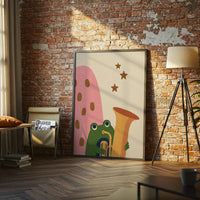 Playful Frog with Trombone Wall Décor Poster, Whimsical Animal Décor Print for Kids Room or Nursery Decor
