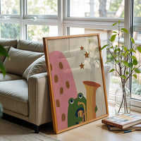 Playful Frog with Trombone Wall Décor Poster, Whimsical Animal Décor Print for Kids Room or Nursery Decor
