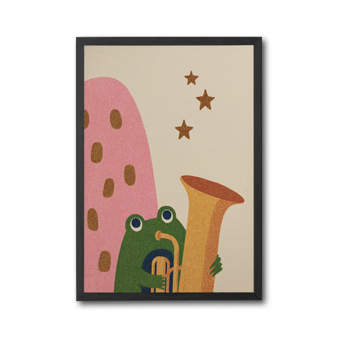 Playful Frog with Trombone Wall Décor Poster, Whimsical Animal Décor Print for Kids Room or Nursery Decor