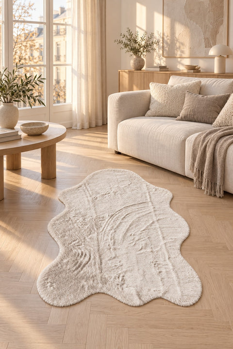Plush Shag Kids Oval Rug – Beige in a living room