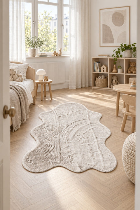 Plush Shag Kids Oval Rug – Beige in a nursery
