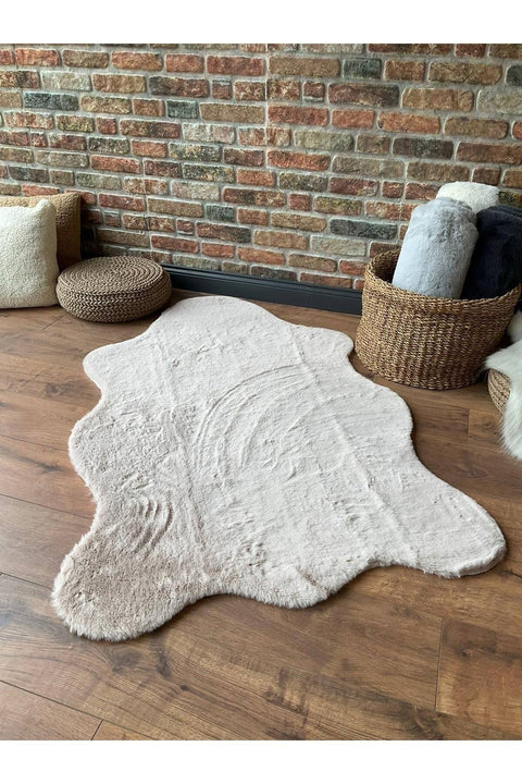 Plush Shag Kids Oval Rug – Beige in a living room