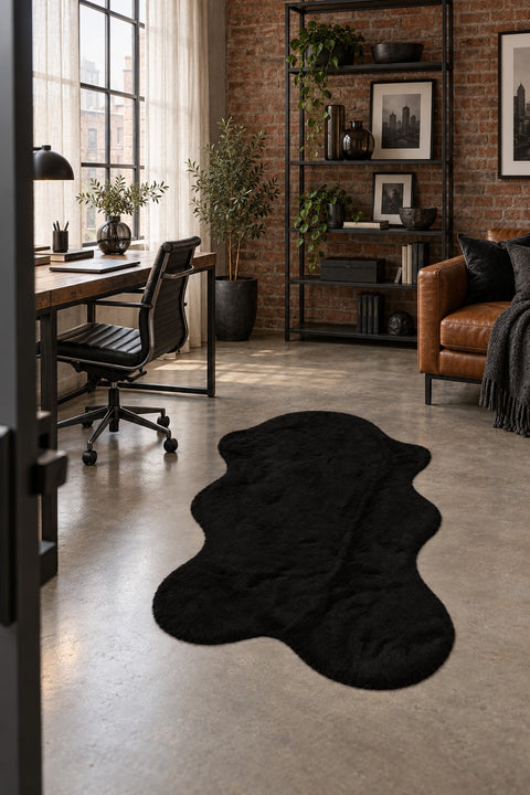 Plush Shag Kids Oval Rug – Black in a office