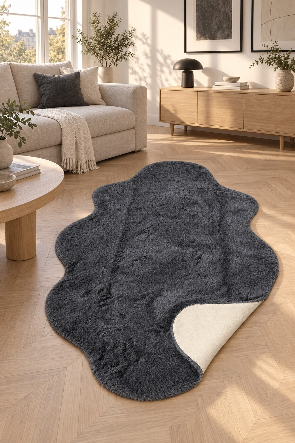 Plush Shag Kids Oval Rug – Charcoal in a living room