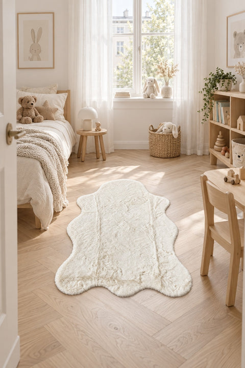 Plush Shag Kids Oval Rug – Cream in a nursery