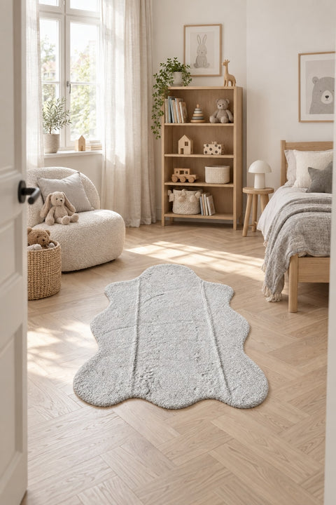 Plush Shag Kids Oval Rug – Gray in a nursery