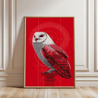 Pop Art Owl Illustration Print – Sleek Red Background Wall Décor