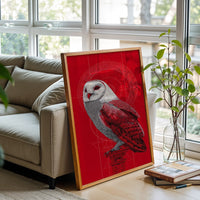 Pop Art Owl Illustration Print – Sleek Red Background Wall Décor