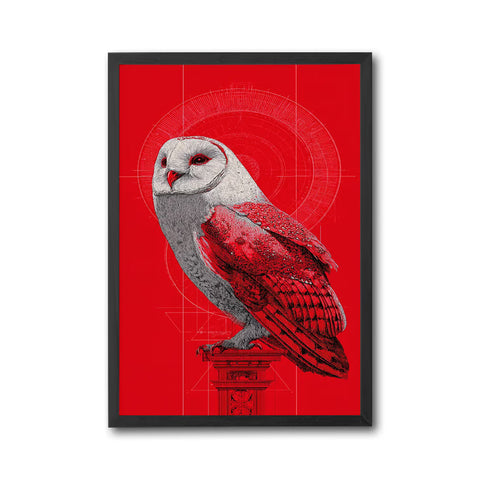 Pop Art Owl Illustration Print – Sleek Red Background Wall Décor