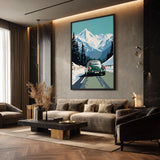 Porsche 356 Alpine Road Retro Wall Art – Green Sports Car in Snow