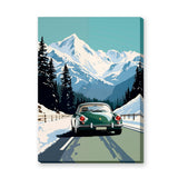 Porsche 356 Alpine Road Retro Wall Art – Green Sports Car in Snow